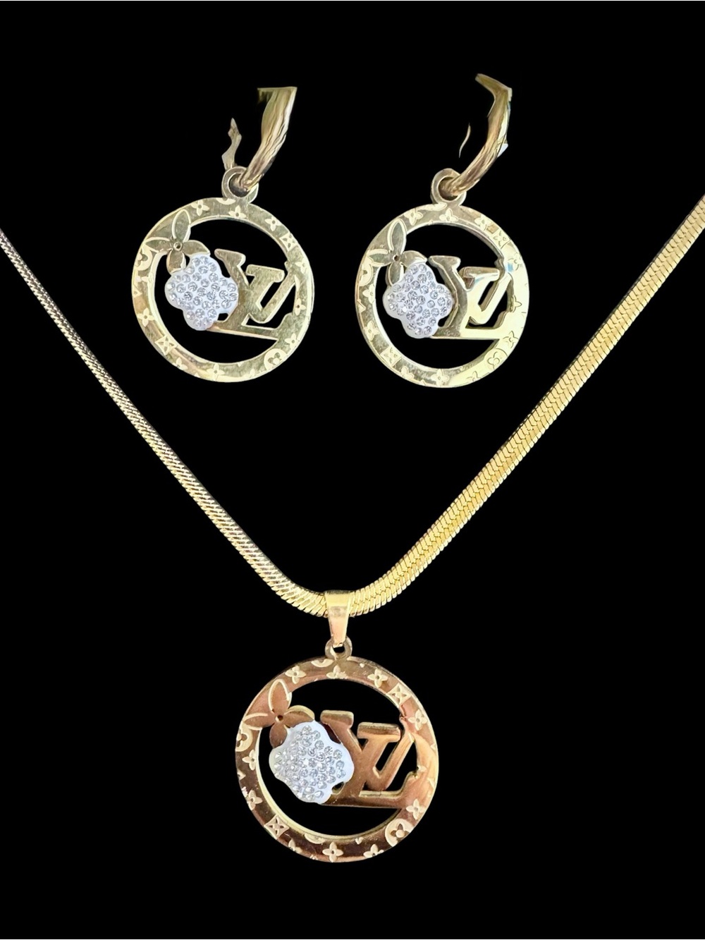 Gold-Tone Floral Monogram Pendant Necklace and Earring Set